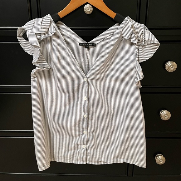 Antonio Melani Black and White Pinstripe Blouse with Cap Sleeves - Picture 1 of 7